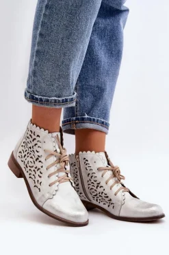 New 2871 Ażurowe Botki Damskie Sznurowane Srebrne Damskie Botki Wiosenne|Botki Skórzane