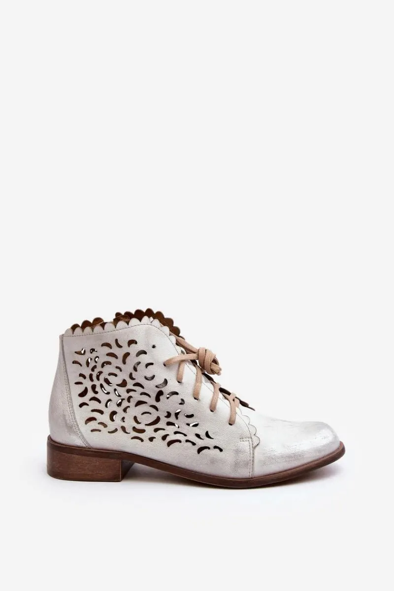 New 2871 Ażurowe Botki Damskie Sznurowane Srebrne Damskie Botki Wiosenne|Botki Skórzane