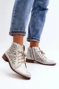 New 2871 Ażurowe Botki Damskie Sznurowane Srebrne Damskie Botki Wiosenne|Botki Skórzane