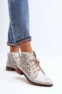 New 2871 Ażurowe Botki Damskie Sznurowane Srebrne Damskie Botki Wiosenne|Botki Skórzane