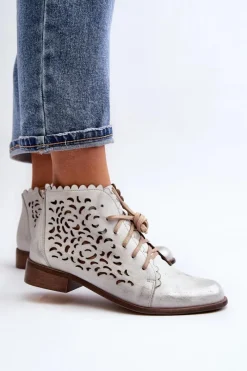New 2871 Ażurowe Botki Damskie Sznurowane Srebrne Damskie Botki Wiosenne|Botki Skórzane