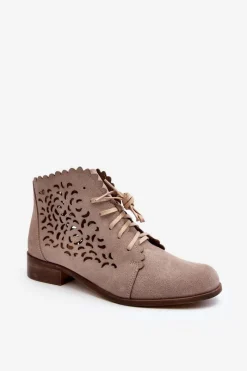 Sale 2871 Ażurowe Botki Damskie Sznurowane Beżowe Damskie Botki Wiosenne|Botki Skórzane