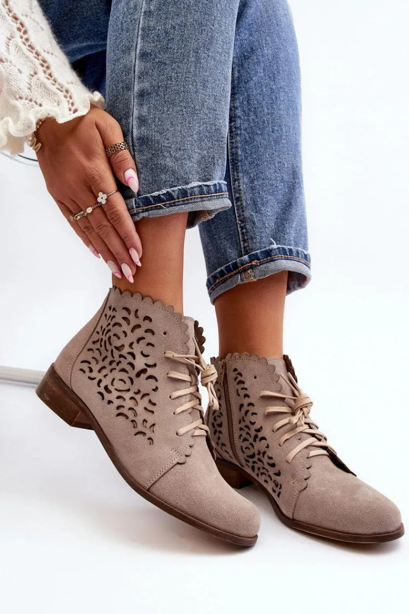 Sale 2871 Ażurowe Botki Damskie Sznurowane Beżowe Damskie Botki Wiosenne|Botki Skórzane