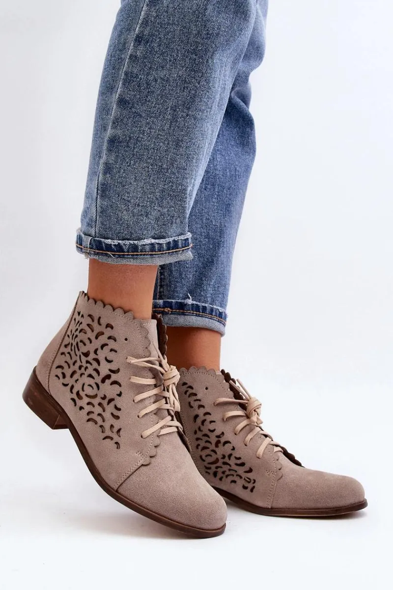 Sale 2871 Ażurowe Botki Damskie Sznurowane Beżowe Damskie Botki Wiosenne|Botki Skórzane