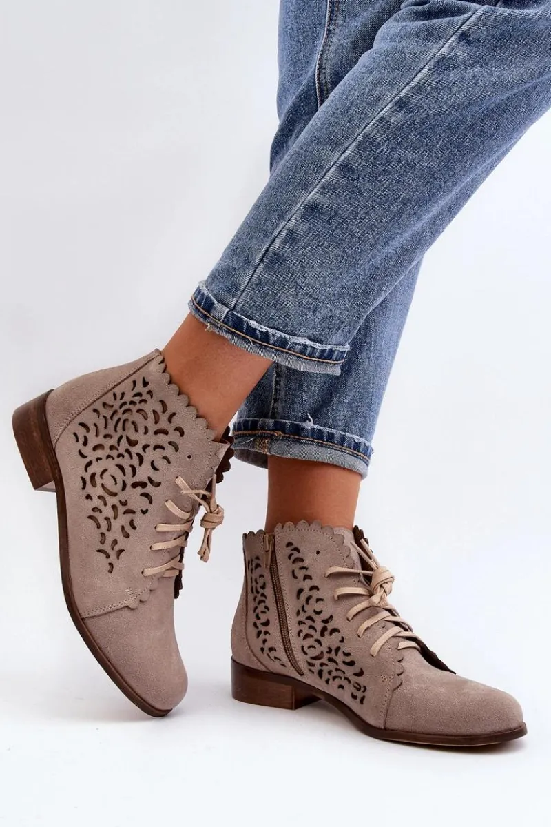 Sale 2871 Ażurowe Botki Damskie Sznurowane Beżowe Damskie Botki Wiosenne|Botki Skórzane