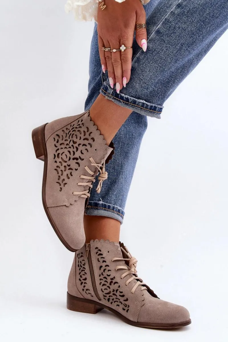 Sale 2871 Ażurowe Botki Damskie Sznurowane Beżowe Damskie Botki Wiosenne|Botki Skórzane