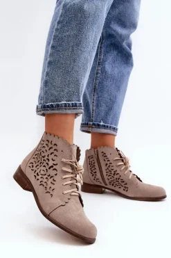 Sale 2871 Ażurowe Botki Damskie Sznurowane Beżowe Damskie Botki Wiosenne|Botki Skórzane
