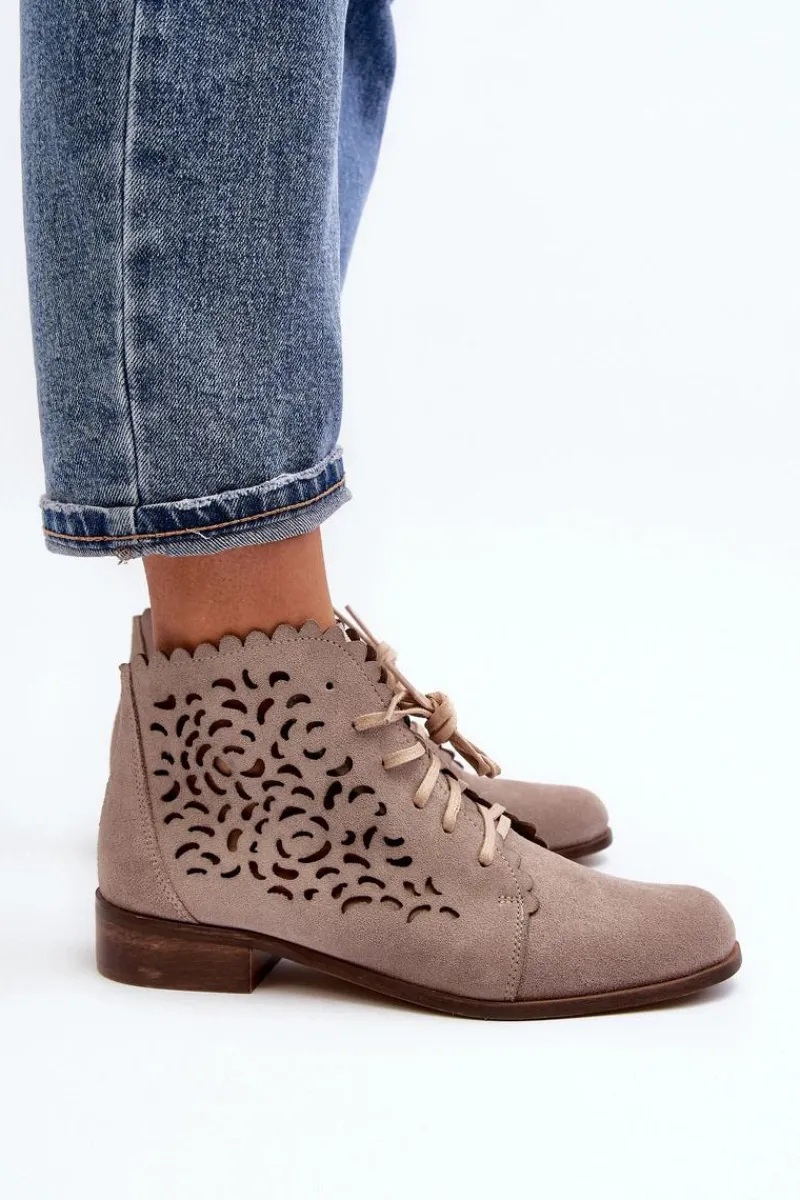 Sale 2871 Ażurowe Botki Damskie Sznurowane Beżowe Damskie Botki Wiosenne|Botki Skórzane