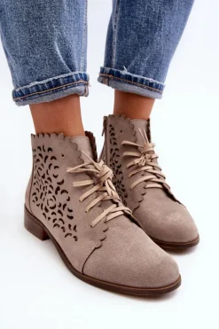 Sale 2871 Ażurowe Botki Damskie Sznurowane Beżowe Damskie Botki Wiosenne|Botki Skórzane