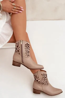 Outlet Zazoo 3404 Ażurowe Botki Kowbojki Na Niskim Obcasie Skórzane Ciemnobeżowe Damskie Botki Wiosenne|Botki Na Słupku