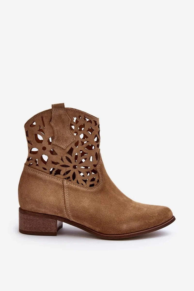 Botki Wiosenne|Botki Na Słupku>Boto Zazoo 3404 Ażurowe Botki Kowbojki Na Niskim Obcasie Zamszowe Jasnobeżowe Beżowy