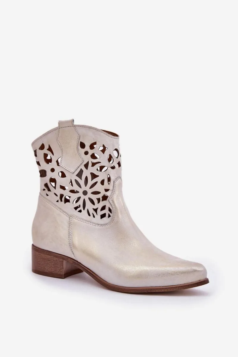 Discount Zazoo 3404 Ażurowe Botki Kowbojki Na Niskim Obcasie Skórzane Złoty Przecierany Damskie Botki Wiosenne|Botki Na Słupku
