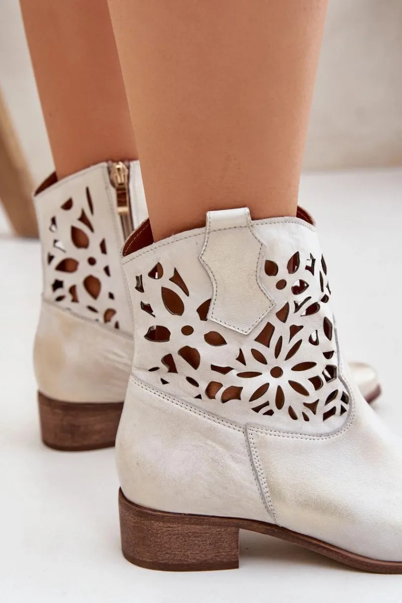 Discount Zazoo 3404 Ażurowe Botki Kowbojki Na Niskim Obcasie Skórzane Złoty Przecierany Damskie Botki Wiosenne|Botki Na Słupku