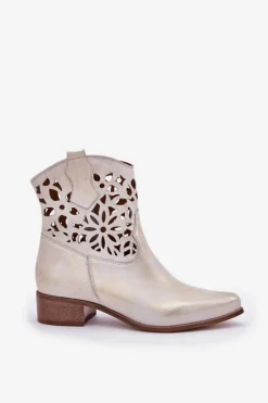 Discount Zazoo 3404 Ażurowe Botki Kowbojki Na Niskim Obcasie Skórzane Złoty Przecierany Damskie Botki Wiosenne|Botki Na Słupku
