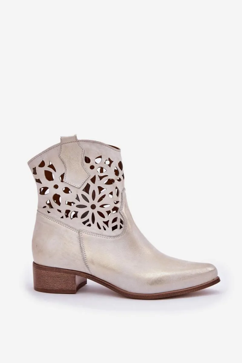 Discount Zazoo 3404 Ażurowe Botki Kowbojki Na Niskim Obcasie Skórzane Złoty Przecierany Damskie Botki Wiosenne|Botki Na Słupku