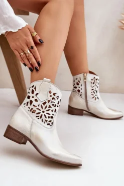 Discount Zazoo 3404 Ażurowe Botki Kowbojki Na Niskim Obcasie Skórzane Złoty Przecierany Damskie Botki Wiosenne|Botki Na Słupku