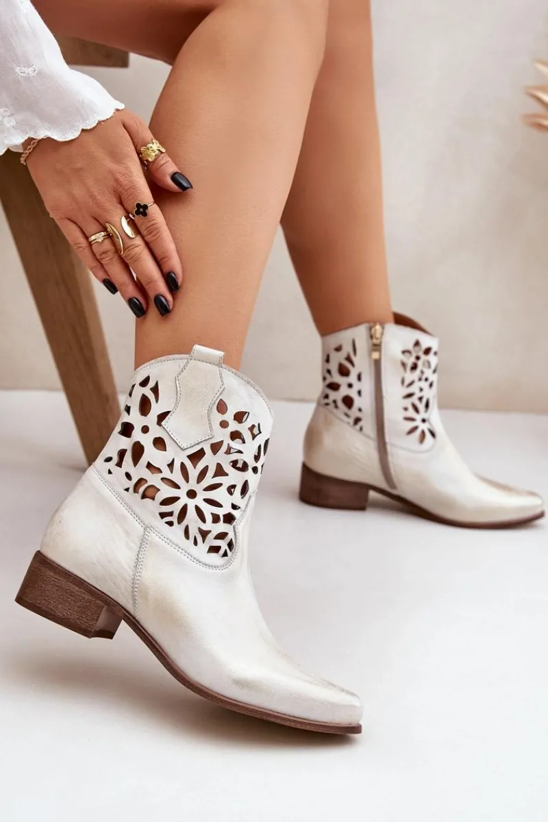 Discount Zazoo 3404 Ażurowe Botki Kowbojki Na Niskim Obcasie Skórzane Złoty Przecierany Damskie Botki Wiosenne|Botki Na Słupku