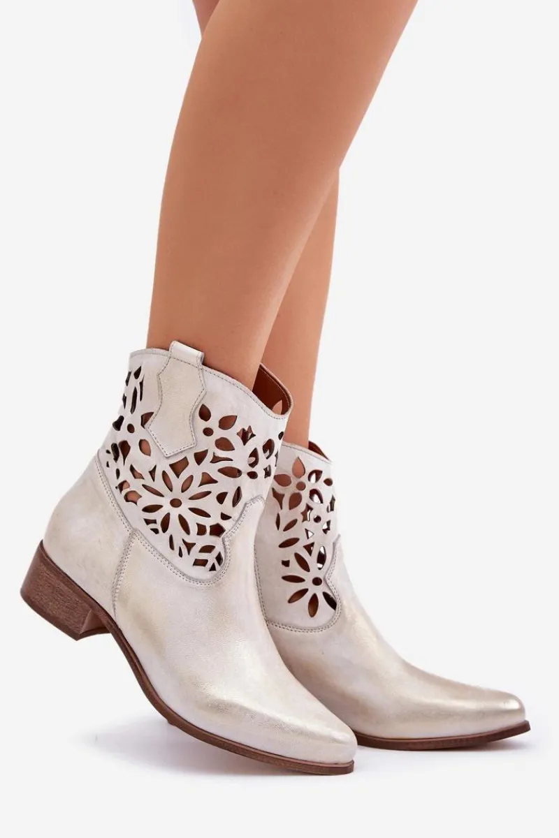 Discount Zazoo 3404 Ażurowe Botki Kowbojki Na Niskim Obcasie Skórzane Złoty Przecierany Damskie Botki Wiosenne|Botki Na Słupku
