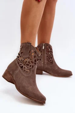Botki Wiosenne|Botki Na Słupku>Boto Zazoo 3404 Ażurowe Botki Kowbojki Na Niskim Obcasie Zamszowe Brązowe