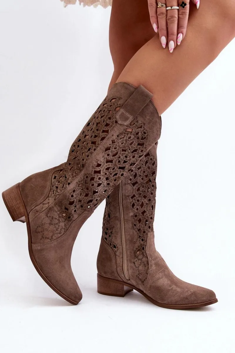 Kozaki Wiosenne|Kozaki Ażurowe>Zazoo 3403 Ażurowe Kozaki Damskie Na Niskim Obcasie Ciemnobeżowe