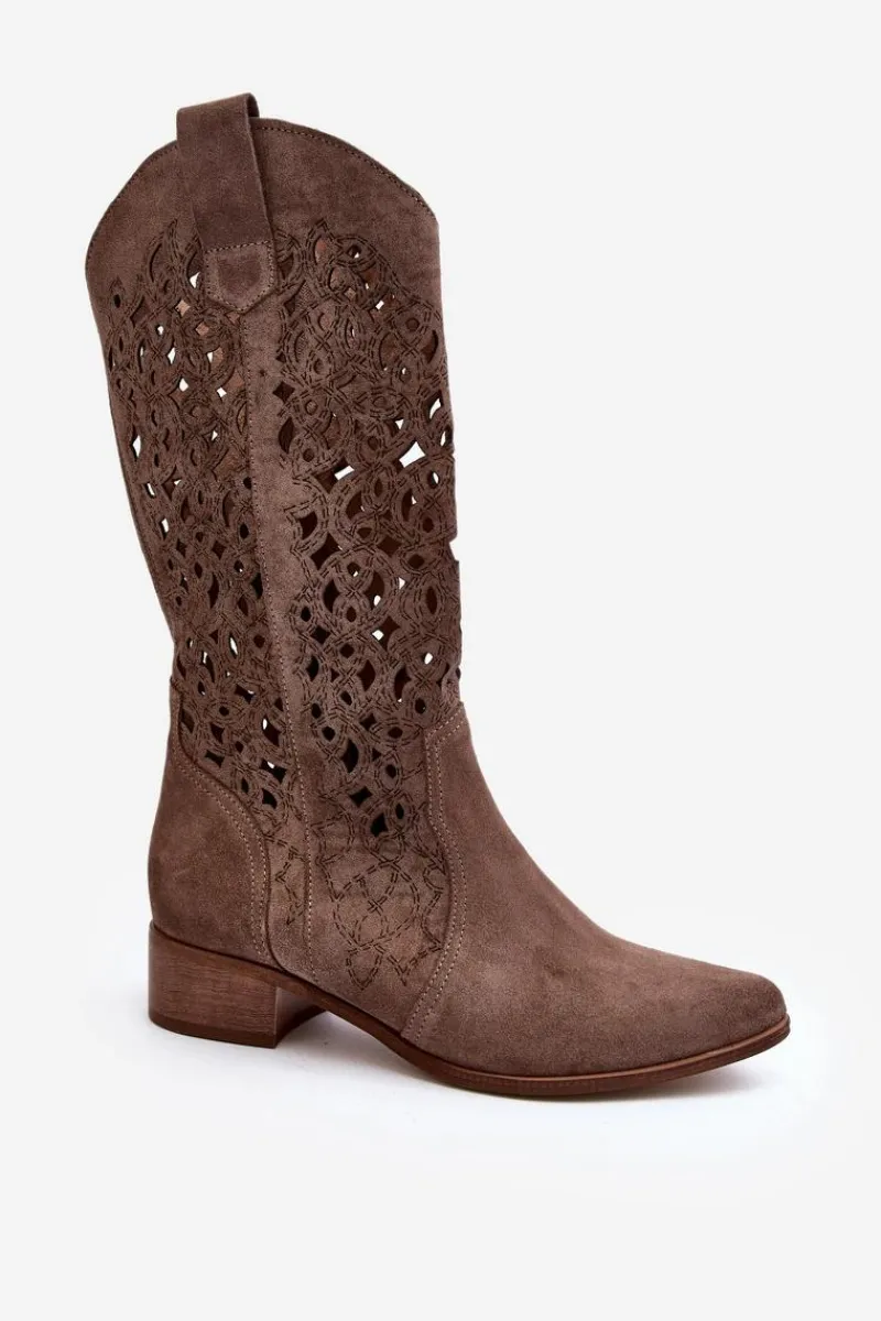 Kozaki Wiosenne|Kozaki Ażurowe>Zazoo 3403 Ażurowe Kozaki Damskie Na Niskim Obcasie Ciemnobeżowe