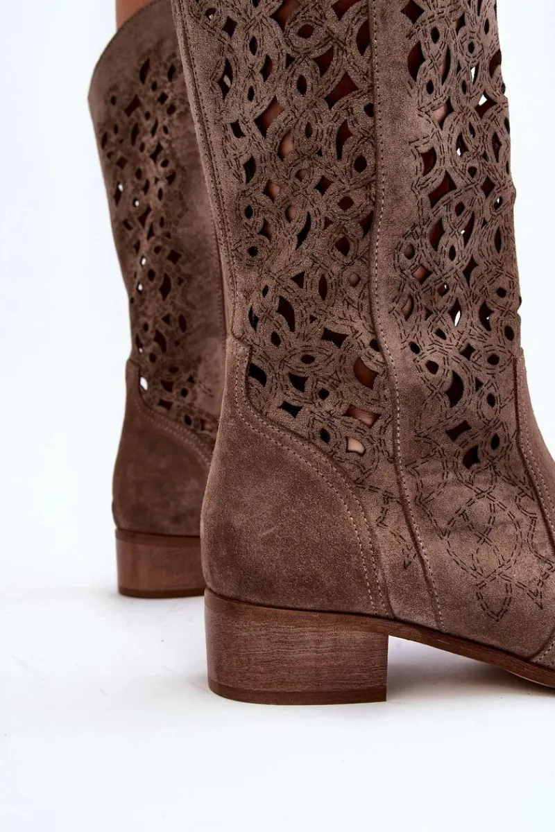 Kozaki Wiosenne|Kozaki Ażurowe>Zazoo 3403 Ażurowe Kozaki Damskie Na Niskim Obcasie Ciemnobeżowe