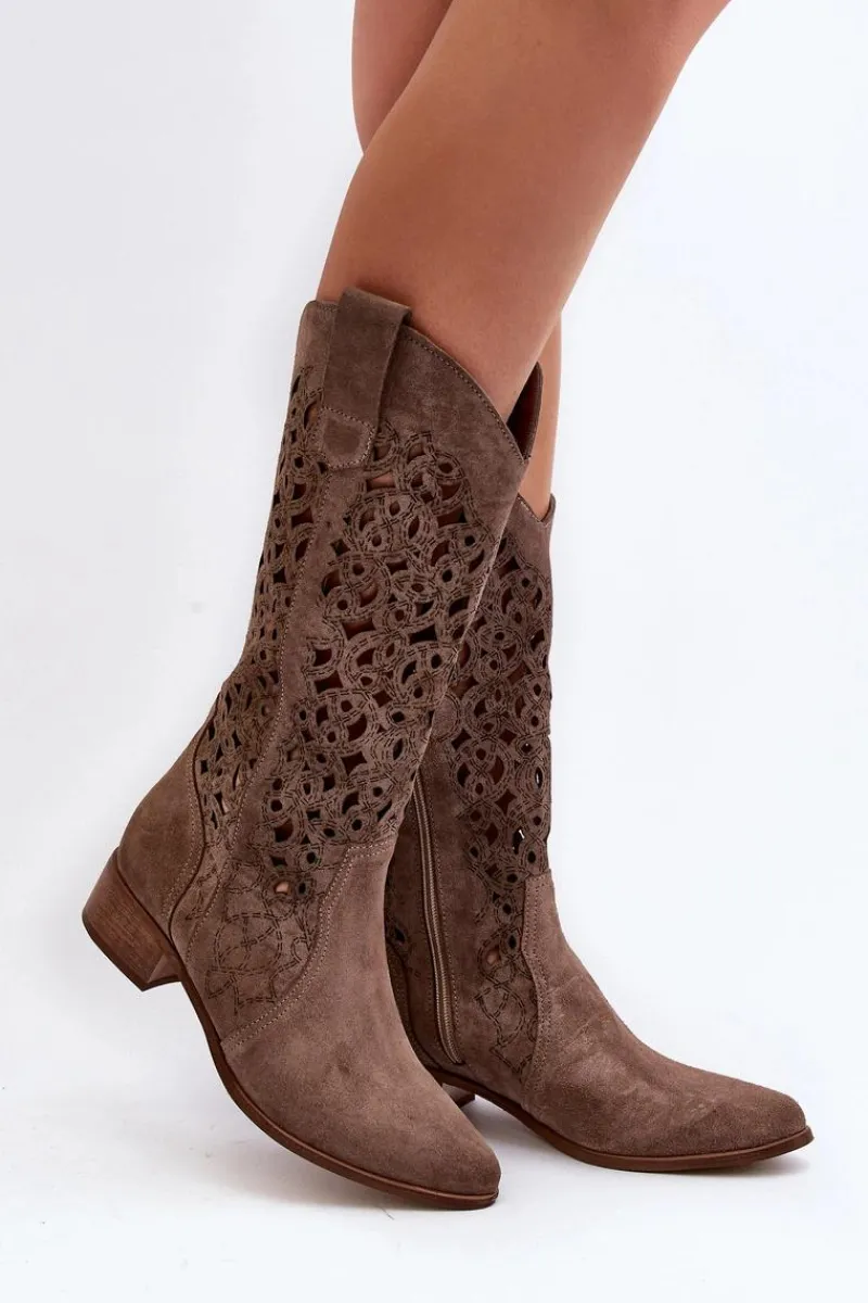 Kozaki Wiosenne|Kozaki Ażurowe>Zazoo 3403 Ażurowe Kozaki Damskie Na Niskim Obcasie Ciemnobeżowe
