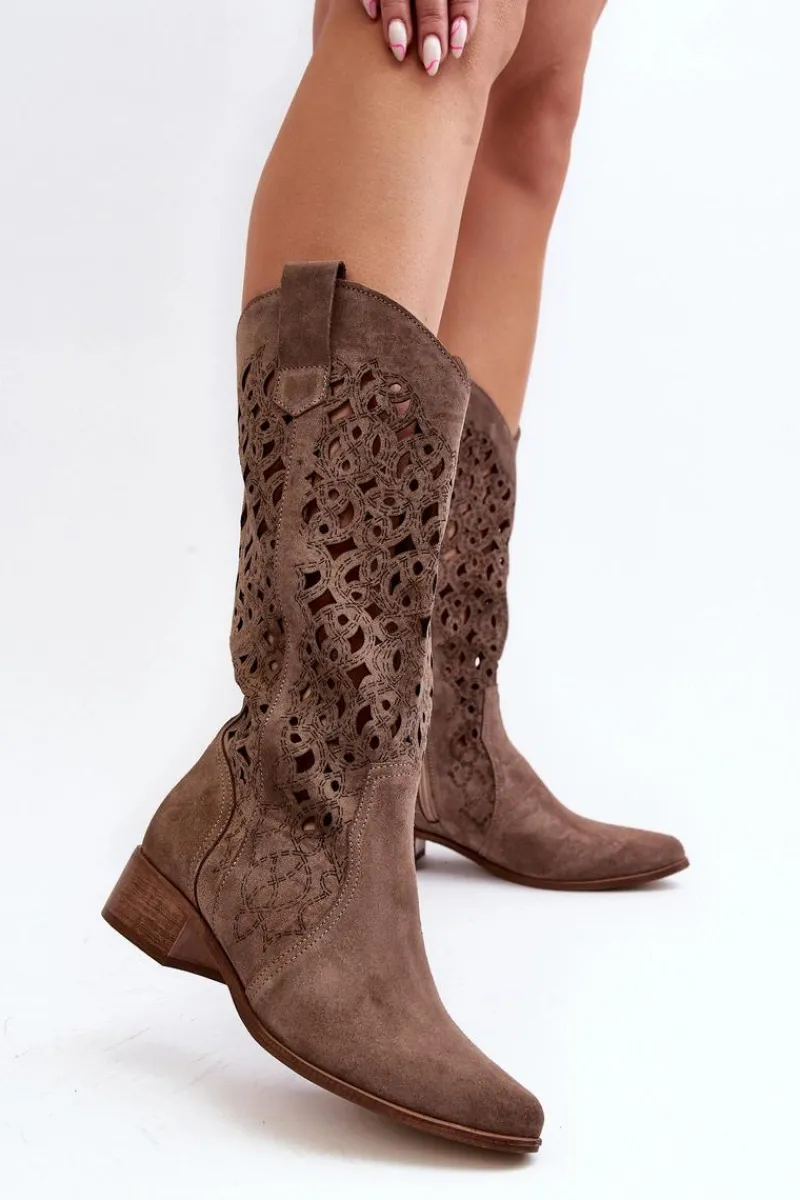 Kozaki Wiosenne|Kozaki Ażurowe>Zazoo 3403 Ażurowe Kozaki Damskie Na Niskim Obcasie Ciemnobeżowe