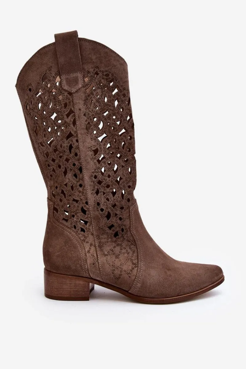 Kozaki Wiosenne|Kozaki Ażurowe>Zazoo 3403 Ażurowe Kozaki Damskie Na Niskim Obcasie Ciemnobeżowe