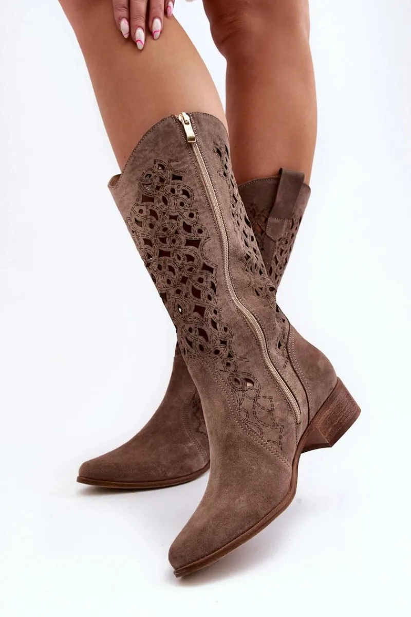 Kozaki Wiosenne|Kozaki Ażurowe>Zazoo 3403 Ażurowe Kozaki Damskie Na Niskim Obcasie Ciemnobeżowe