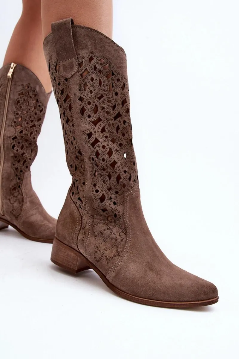 Kozaki Wiosenne|Kozaki Ażurowe>Zazoo 3403 Ażurowe Kozaki Damskie Na Niskim Obcasie Ciemnobeżowe