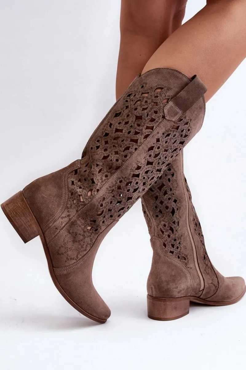 Kozaki Wiosenne|Kozaki Ażurowe>Zazoo 3403 Ażurowe Kozaki Damskie Na Niskim Obcasie Ciemnobeżowe