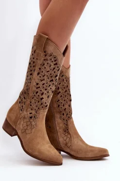 Kozaki Wiosenne|Kozaki Ażurowe>Zazoo 3403 Ażurowe Kozaki Damskie Na Niskim Obcasie Beżowe