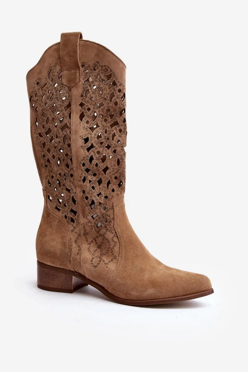 Kozaki Wiosenne|Kozaki Ażurowe>Zazoo 3403 Ażurowe Kozaki Damskie Na Niskim Obcasie Beżowe