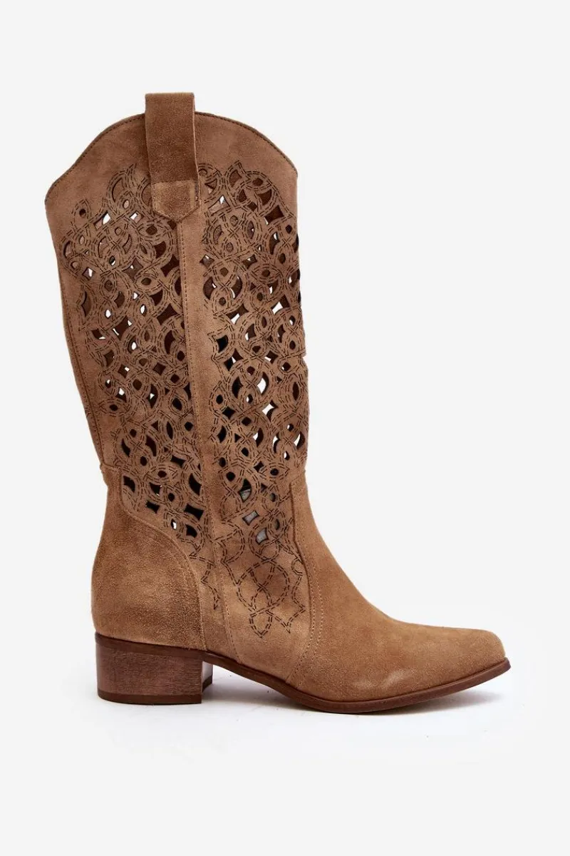 Kozaki Wiosenne|Kozaki Ażurowe>Zazoo 3403 Ażurowe Kozaki Damskie Na Niskim Obcasie Beżowe