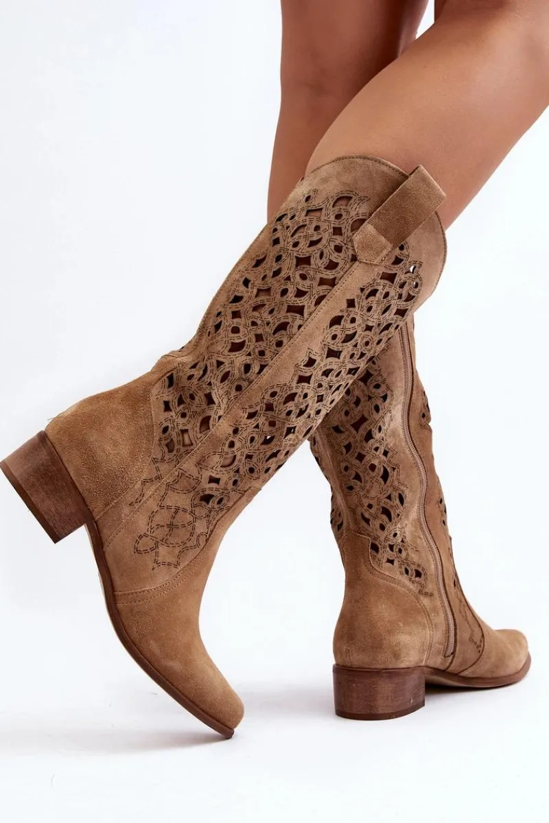 Kozaki Wiosenne|Kozaki Ażurowe>Zazoo 3403 Ażurowe Kozaki Damskie Na Niskim Obcasie Beżowe