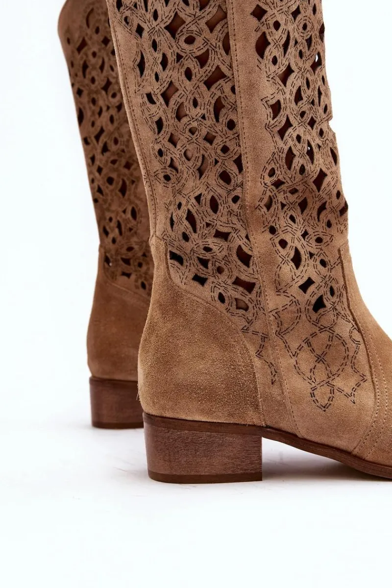 Kozaki Wiosenne|Kozaki Ażurowe>Zazoo 3403 Ażurowe Kozaki Damskie Na Niskim Obcasie Beżowe