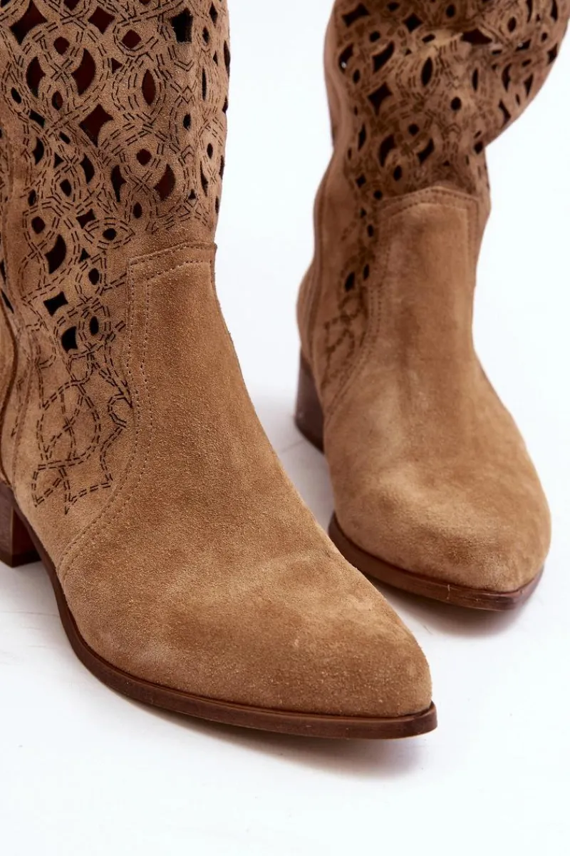 Kozaki Wiosenne|Kozaki Ażurowe>Zazoo 3403 Ażurowe Kozaki Damskie Na Niskim Obcasie Beżowe