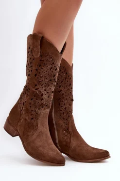 Outlet 3403 Ażurowe Kozaki Damskie Na Niskim Obcasie Brązowe Damskie Kozaki Wiosenne|Kozaki Ażurowe
