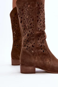 Outlet 3403 Ażurowe Kozaki Damskie Na Niskim Obcasie Brązowe Damskie Kozaki Wiosenne|Kozaki Ażurowe