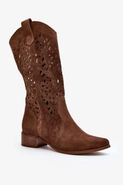 Outlet 3403 Ażurowe Kozaki Damskie Na Niskim Obcasie Brązowe Damskie Kozaki Wiosenne|Kozaki Ażurowe