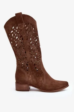 Outlet 3403 Ażurowe Kozaki Damskie Na Niskim Obcasie Brązowe Damskie Kozaki Wiosenne|Kozaki Ażurowe