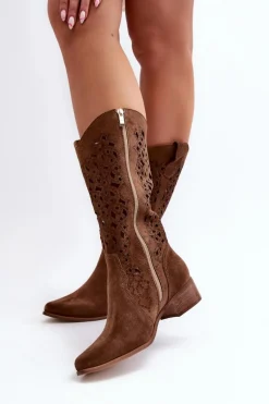 Outlet 3403 Ażurowe Kozaki Damskie Na Niskim Obcasie Brązowe Damskie Kozaki Wiosenne|Kozaki Ażurowe