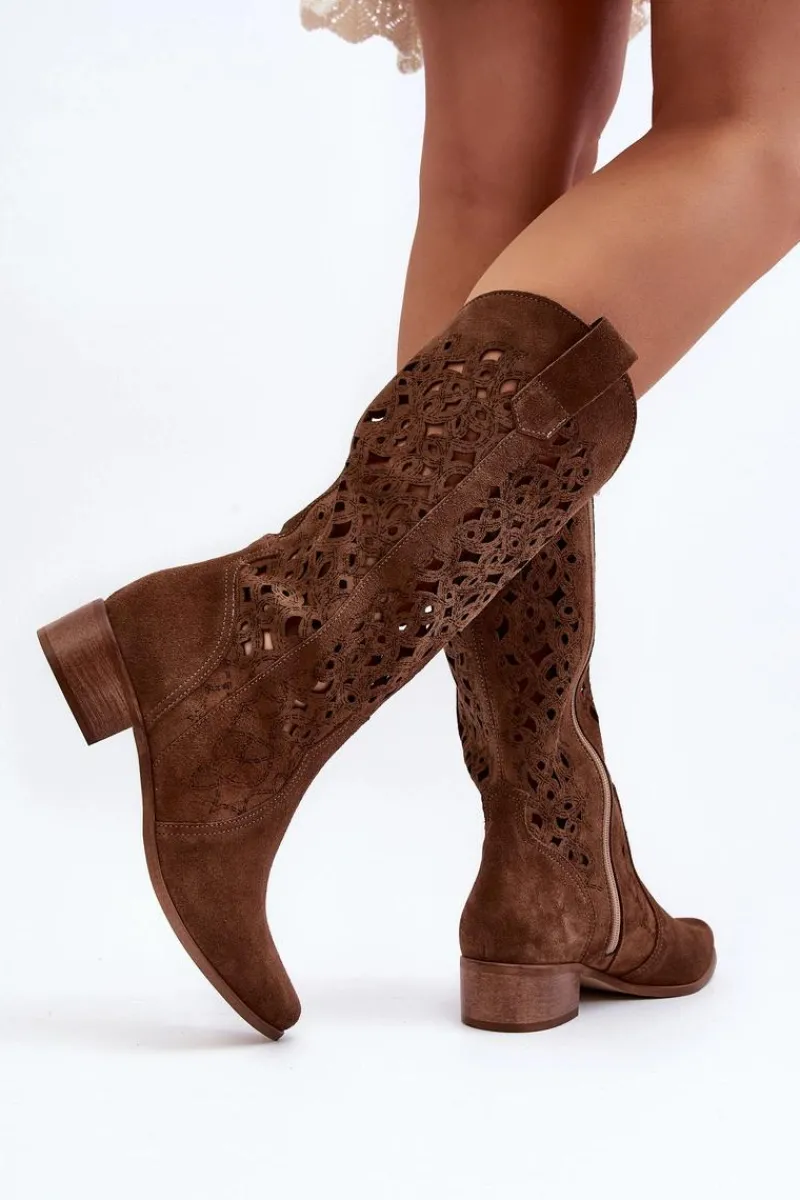 Outlet 3403 Ażurowe Kozaki Damskie Na Niskim Obcasie Brązowe Damskie Kozaki Wiosenne|Kozaki Ażurowe