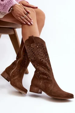 Outlet 3403 Ażurowe Kozaki Damskie Na Niskim Obcasie Brązowe Damskie Kozaki Wiosenne|Kozaki Ażurowe