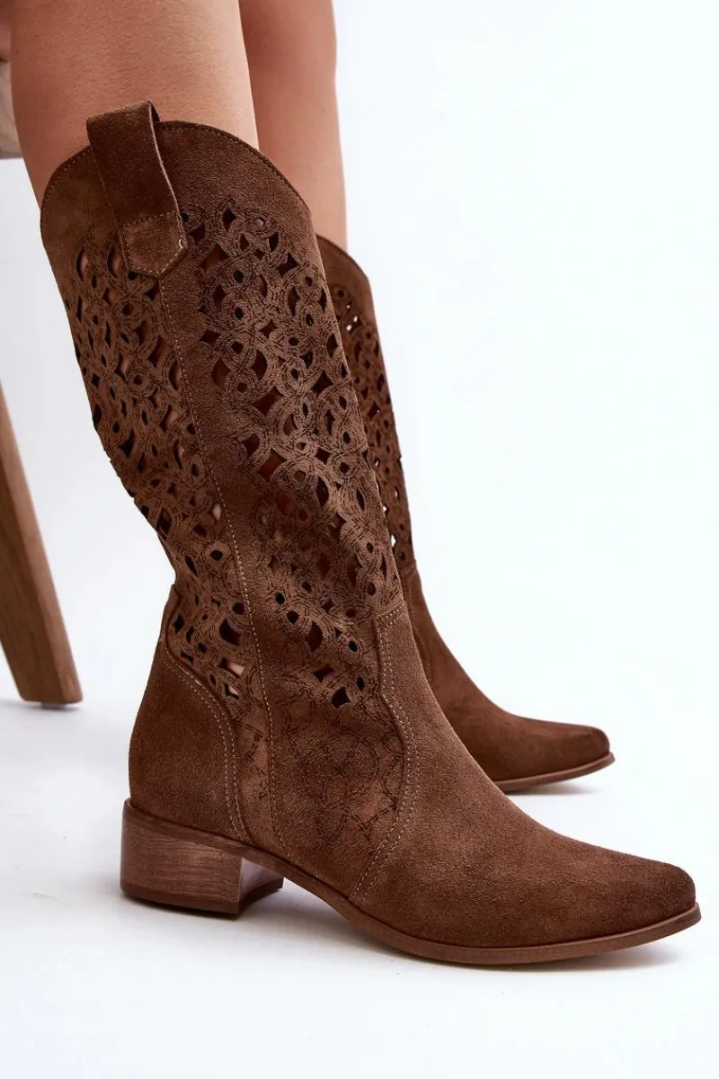 Outlet 3403 Ażurowe Kozaki Damskie Na Niskim Obcasie Brązowe Damskie Kozaki Wiosenne|Kozaki Ażurowe