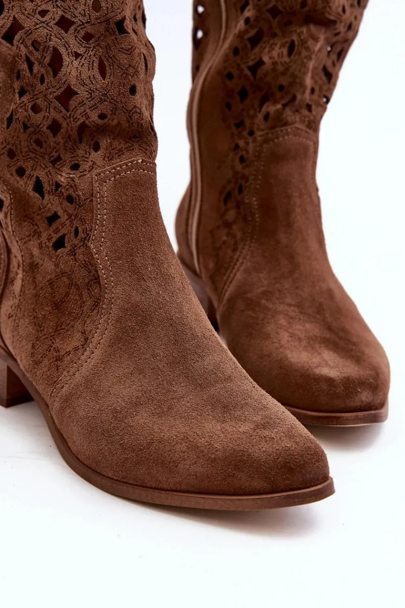 Outlet 3403 Ażurowe Kozaki Damskie Na Niskim Obcasie Brązowe Damskie Kozaki Wiosenne|Kozaki Ażurowe