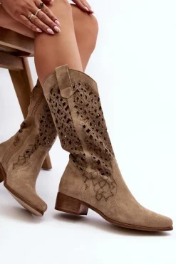 Zazoo 3403 Ażurowe Kozaki Damskie Na Niskim Obcasie Jasnobeżowe