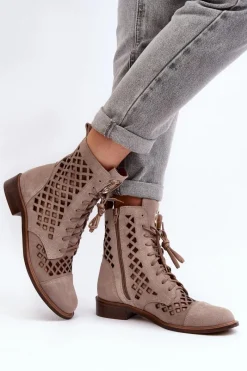 Discount 2695 Ażurowe Skórzane Botki Beżowe Damskie Botki Wiosenne|Botki Skórzane