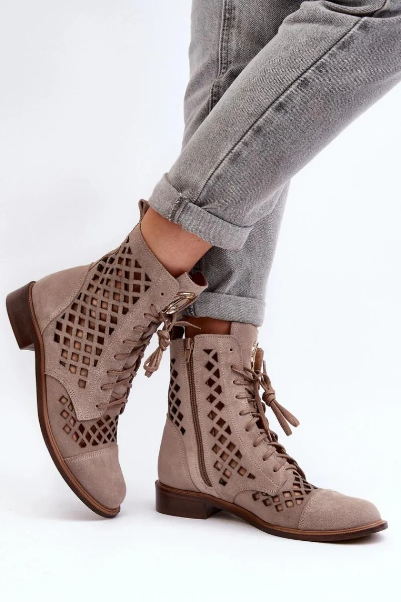 Discount 2695 Ażurowe Skórzane Botki Beżowe Damskie Botki Wiosenne|Botki Skórzane